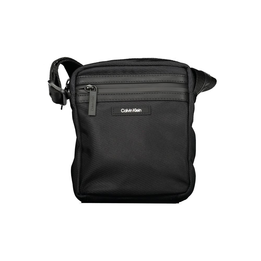 Calvin Klein Black Polyester Men Shoulder Bag with adjustable straps, external pockets, and bold contrasting details.