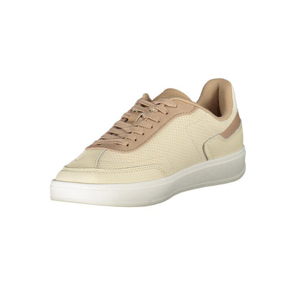 Tommy Hilfiger Beige Leather Women Sneaker with contrast detailing and iconic logo embroidery on a versatile beige palette.