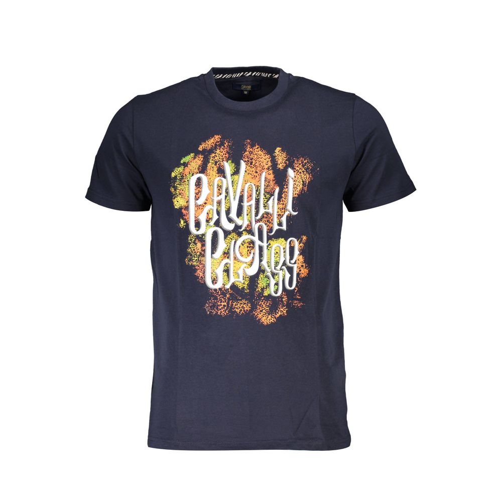 Cavalli Class Blue Cotton Men T-Shirt with bold print and logo, crew neck short sleeve for modern sophistication.