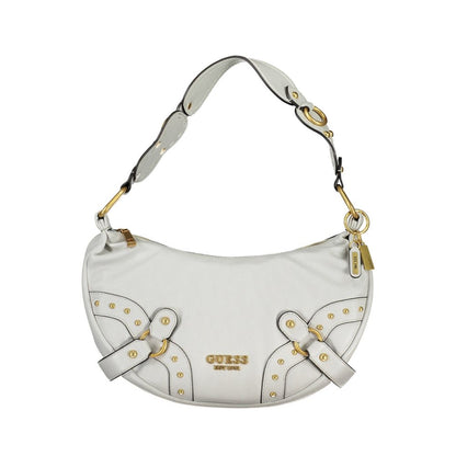 White Guess shoulder bag with gold accents, perfect for stylish outings.