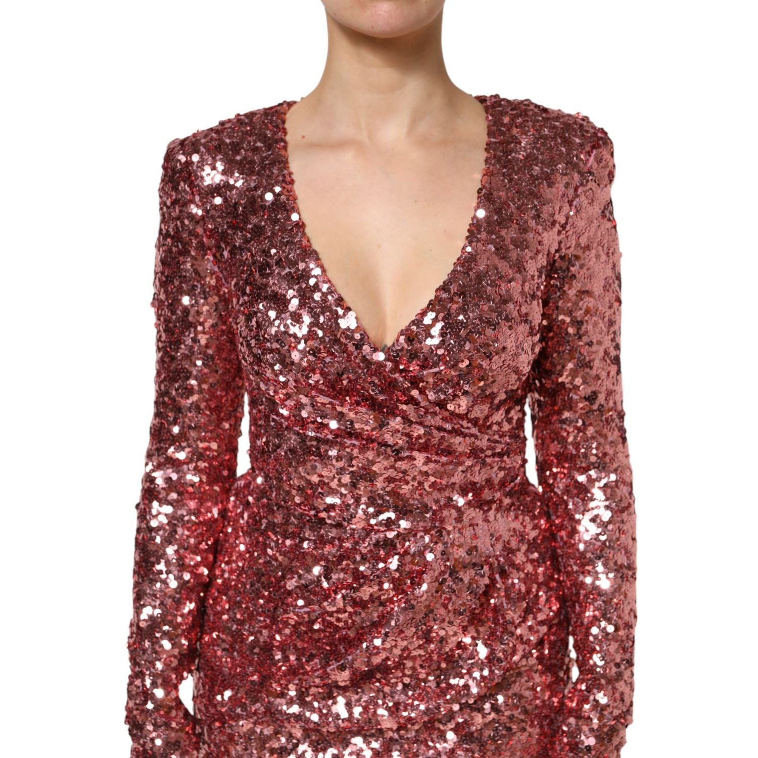 Dolce & Gabbana Pink Sequin Statement Nylon Midi V-Neck Dress