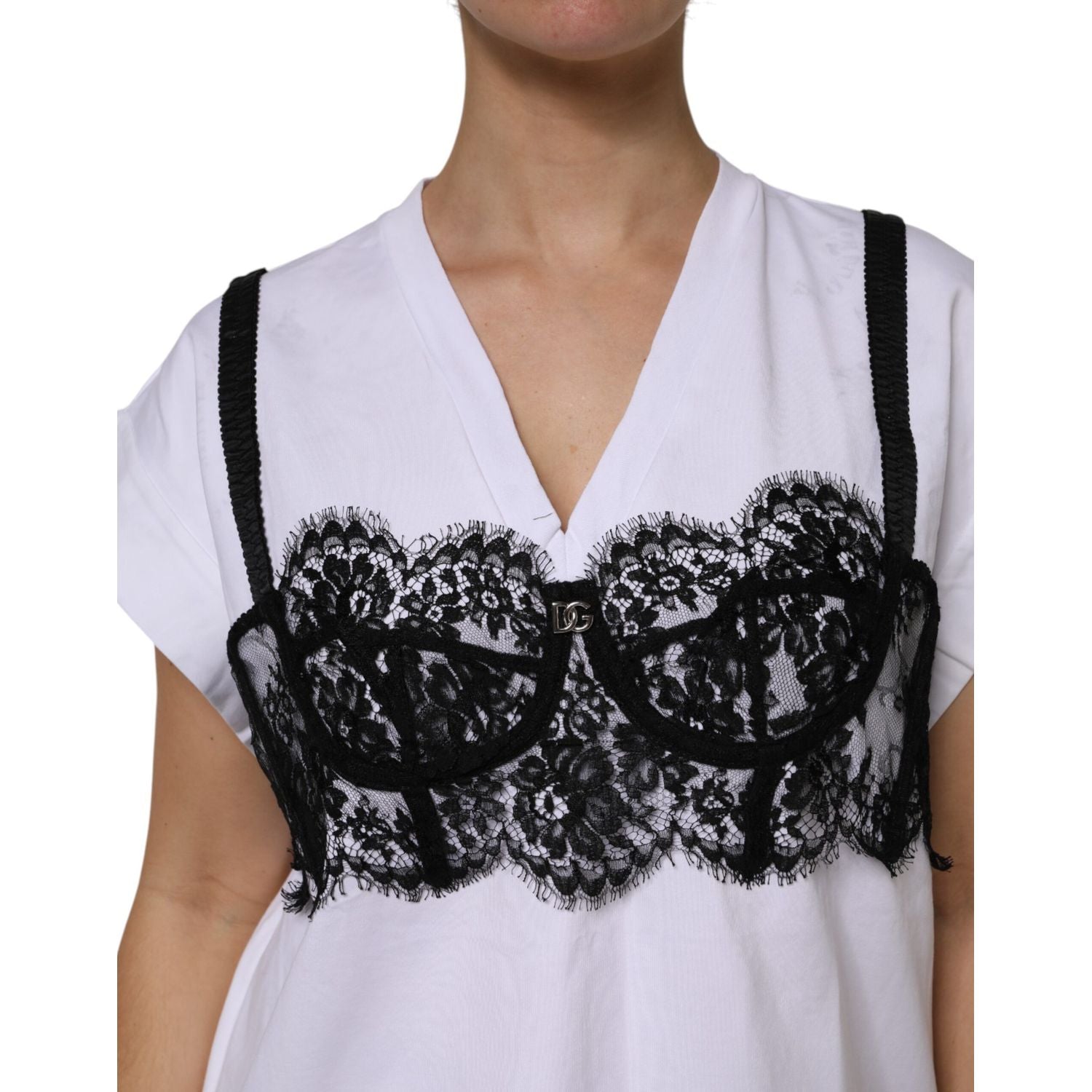 Dolce & Gabbana White Lace Cotton V-Neck Short Sleeves Top