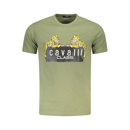 Cavalli Class Green Cotton Men T-Shirt with distinctive print and logo, perfect for stylish, confident wear.