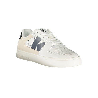 Calvin Klein White Polyester Sneaker with laces, contrast details, logo, and recycled rubber sole.