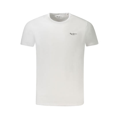 Pepe Jeans White Cotton Men T-Shirt with crew neck, short sleeves, and logo print, crafted from cotton and elastane for comfort and durability.