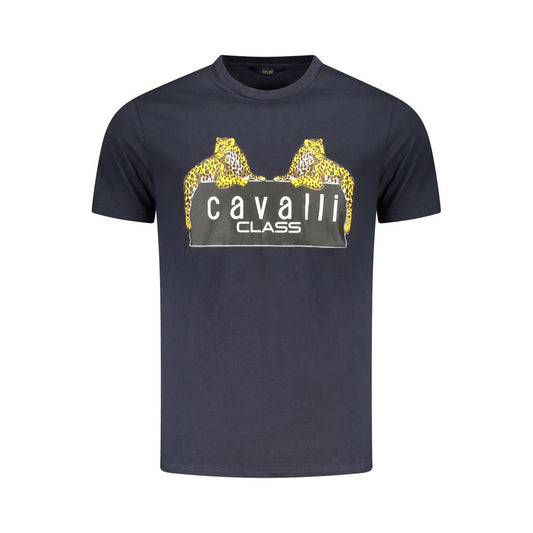 Cavalli Class Blue Cotton Men T-Shirt with striking logo print, short sleeve, crew neck, luxury casual wear, bold and sophisticated design.