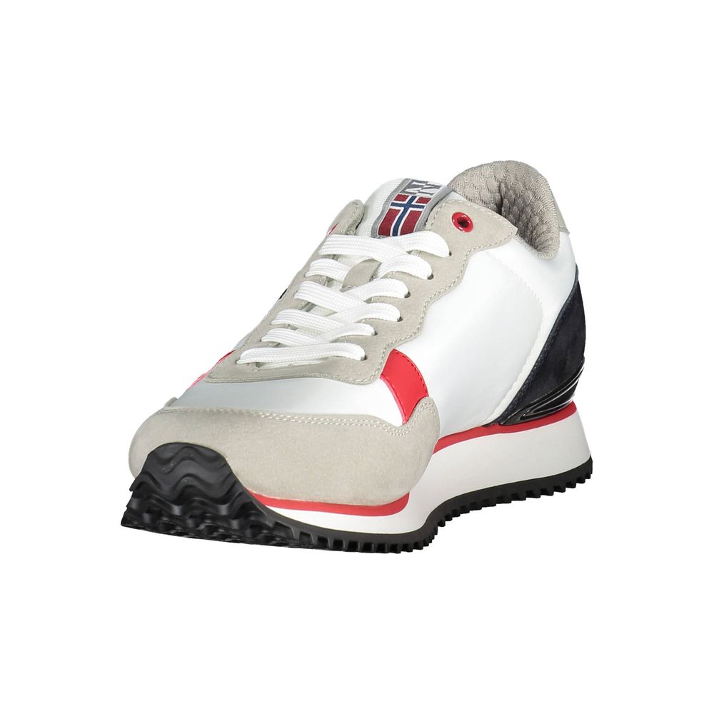 Napapijri White Polyester Men Sneaker featuring bold contrasting details and iconic logo for a stylish, comfortable look.
