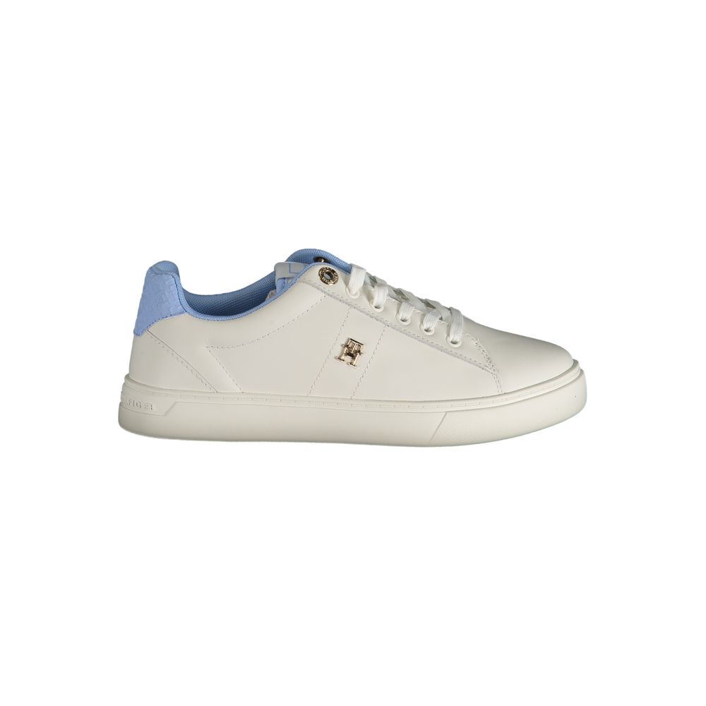 Tommy Hilfiger Light Blue Leather Women Sneaker with iconic logo, white and blue contrast, perfect for fashion-forward streetwear wear.