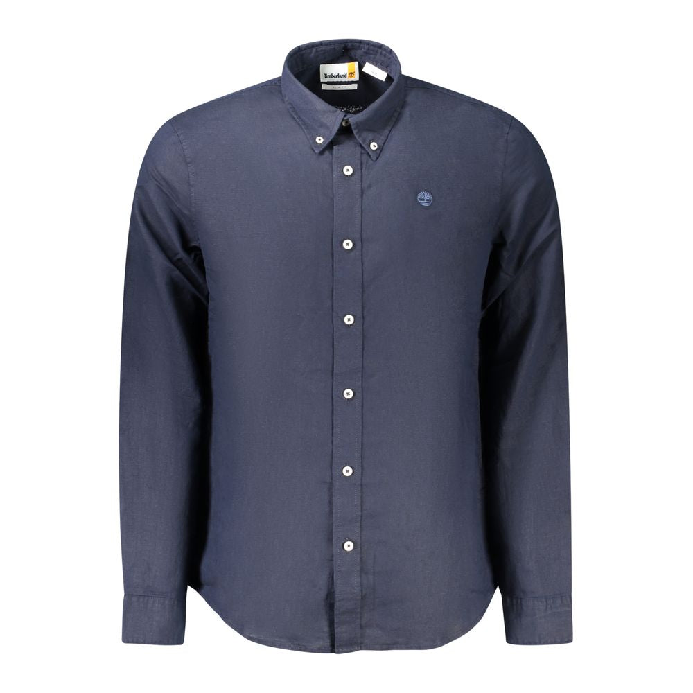Timberland Blue Cotton Shirt with long sleeves, slim fit, button-down collar, and logo embroidery, ideal for casual or formal wear.