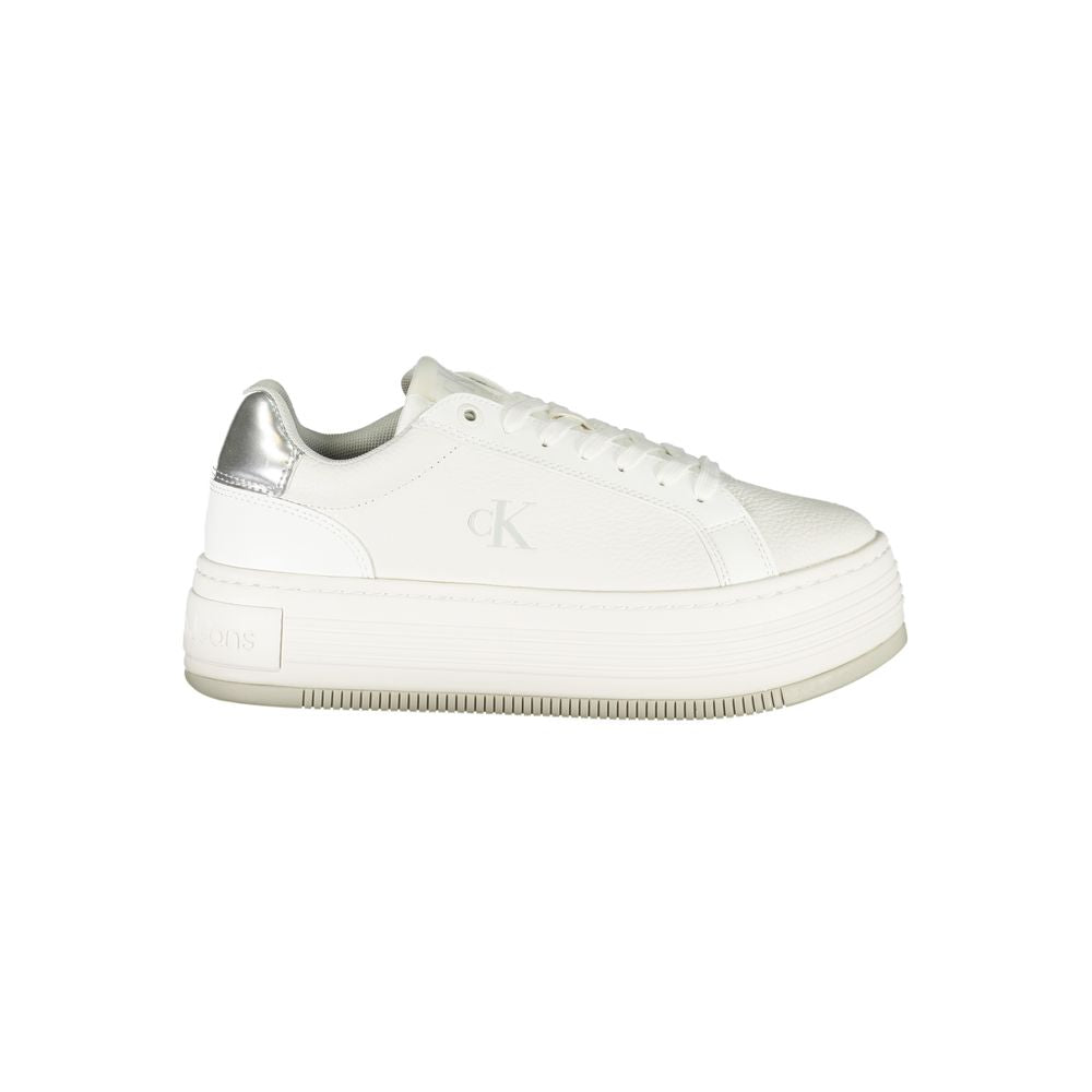 Calvin Klein White Leather Women Sneaker with silver accents and wedge heel.