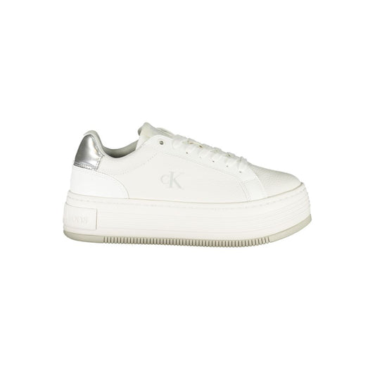Calvin Klein White Leather Women Sneaker with silver accents and wedge heel.