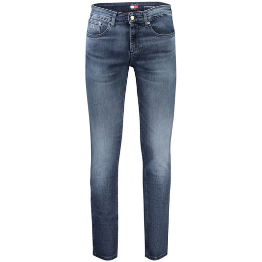 Tommy Hilfiger Blue Cotton Men Jeans with washed effect, classic style, and iconic logo embroidery. Durable slim-fit design for men.