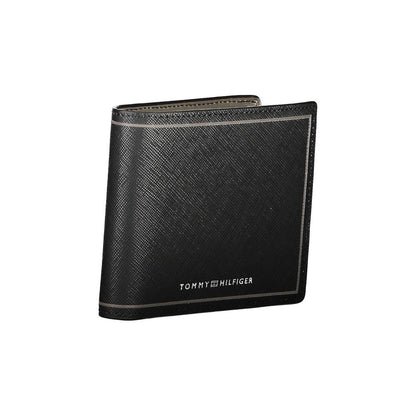 Tommy Hilfiger Black Leather Wallet with two compartments, coin purse, card spaces, contrast details, and logo design.