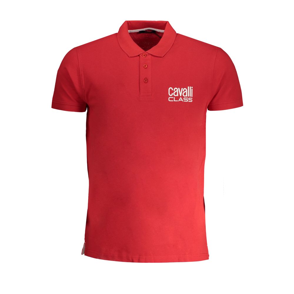 Cavalli Class Red Cotton Polo Shirt with short sleeves, buttons, print, and logo, showcasing stylish casual wear.