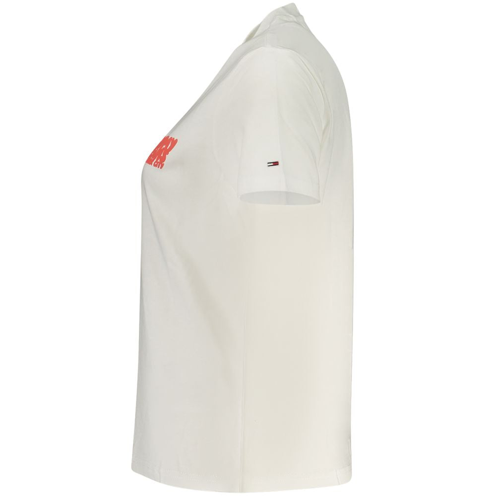 Tommy Hilfiger Beige Cotton Women T-Shirt with signature embroidery logo and short sleeves, side view for stylish wardrobe upgrade.