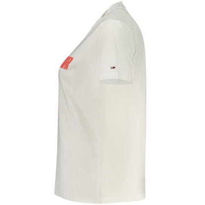 Tommy Hilfiger Beige Cotton Women T-Shirt with signature embroidery logo and short sleeves, side view for stylish wardrobe upgrade.