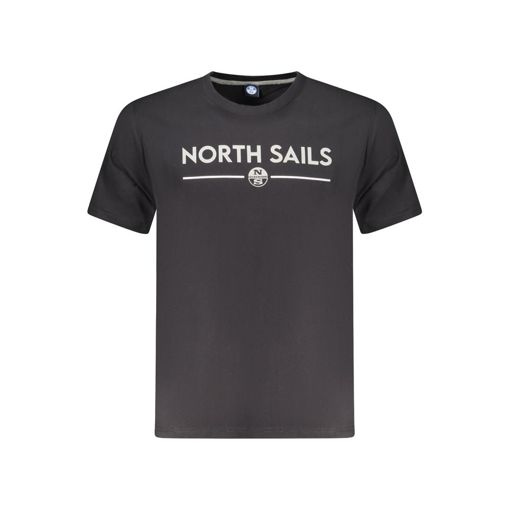 North Sails Black Cotton Men T-Shirt with logo and bold seafaring print, crew neck, 100% cotton, comfortable everyday wear.