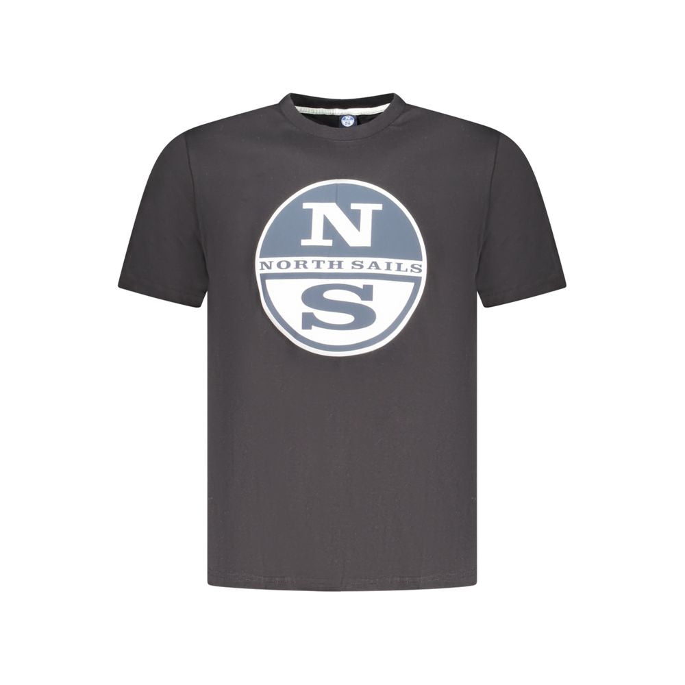 North Sails Black Cotton Men T-Shirt with logo and striking print on front, 100% cotton, short sleeve crew neck for casual wear.