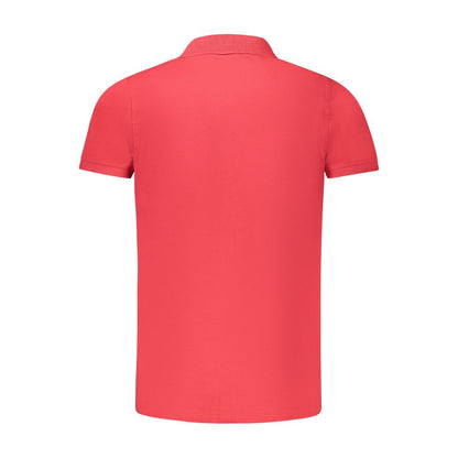 Back view of Norway 1963 Red Cotton Polo Shirt with short sleeves and 3-button design, featuring application and logo.
