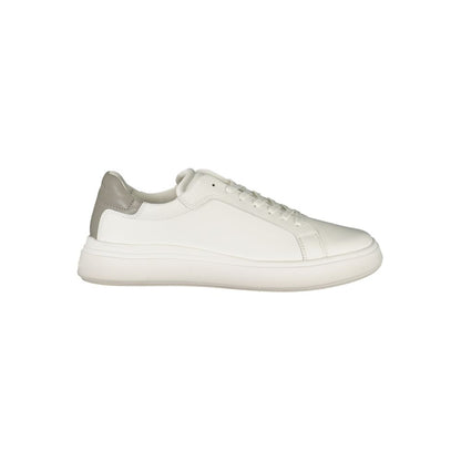 Calvin Klein White Polyester Sneaker with laces and grey details, featuring removable footbed and logo, side view.