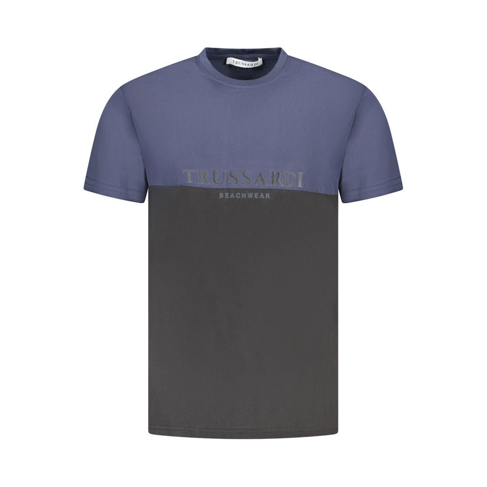 Trussardi Blue Cotton Men T-Shirt with two-tone design and bold logo.