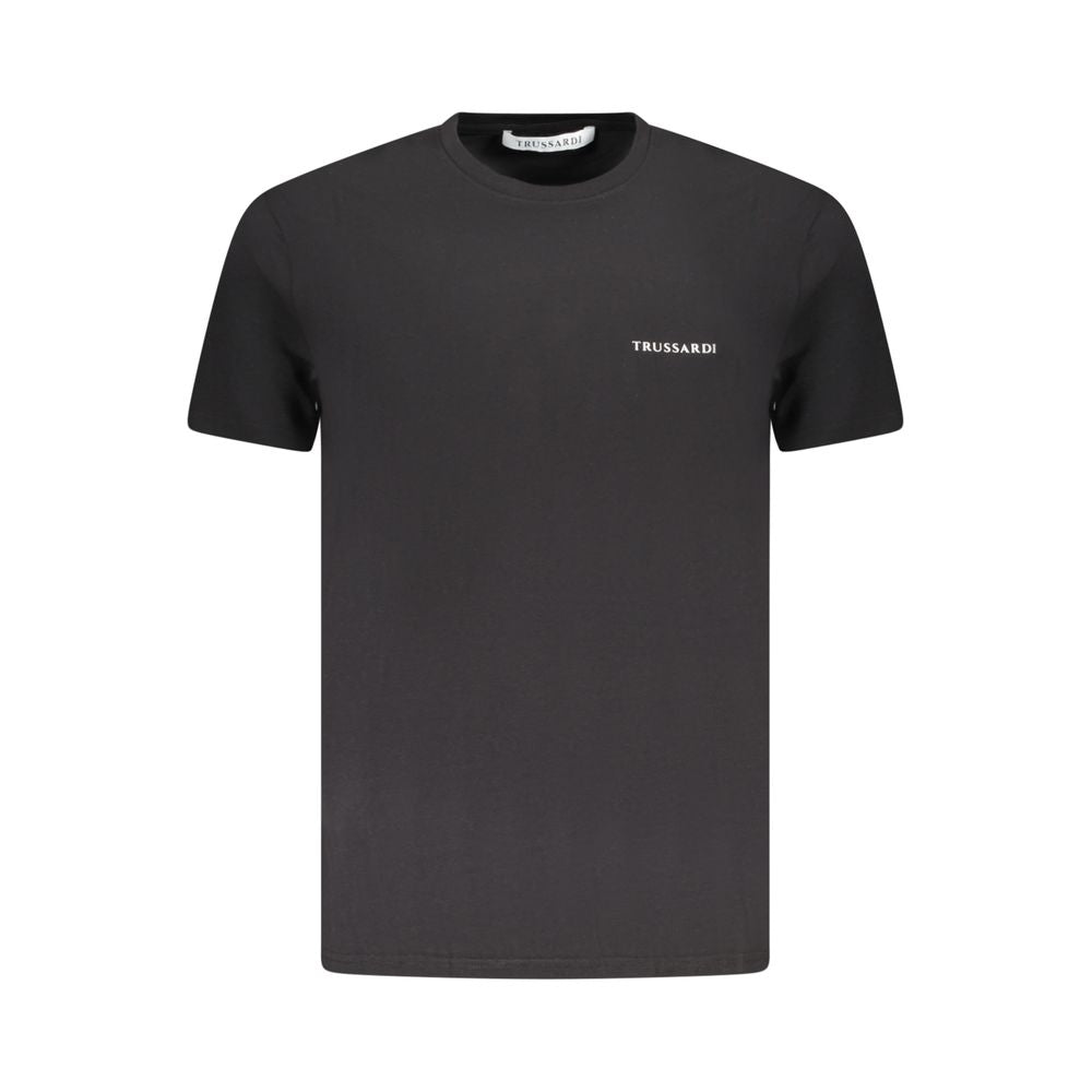 Trussardi Black Cotton Men T-Shirt with logo detail. Short sleeve, crew neck tee for stylish comfort.