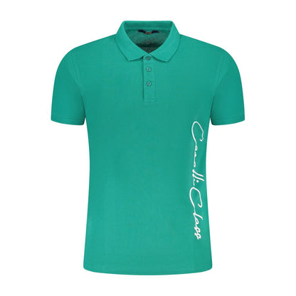 Cavalli Class Green Cotton Men Polo Shirt with logo and stylish print, featuring short sleeves and button design for a sophisticated look.