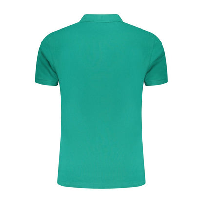 Back view of Cavalli Class Green Cotton Men Polo Shirt, short sleeves, bold green color, iconic design.