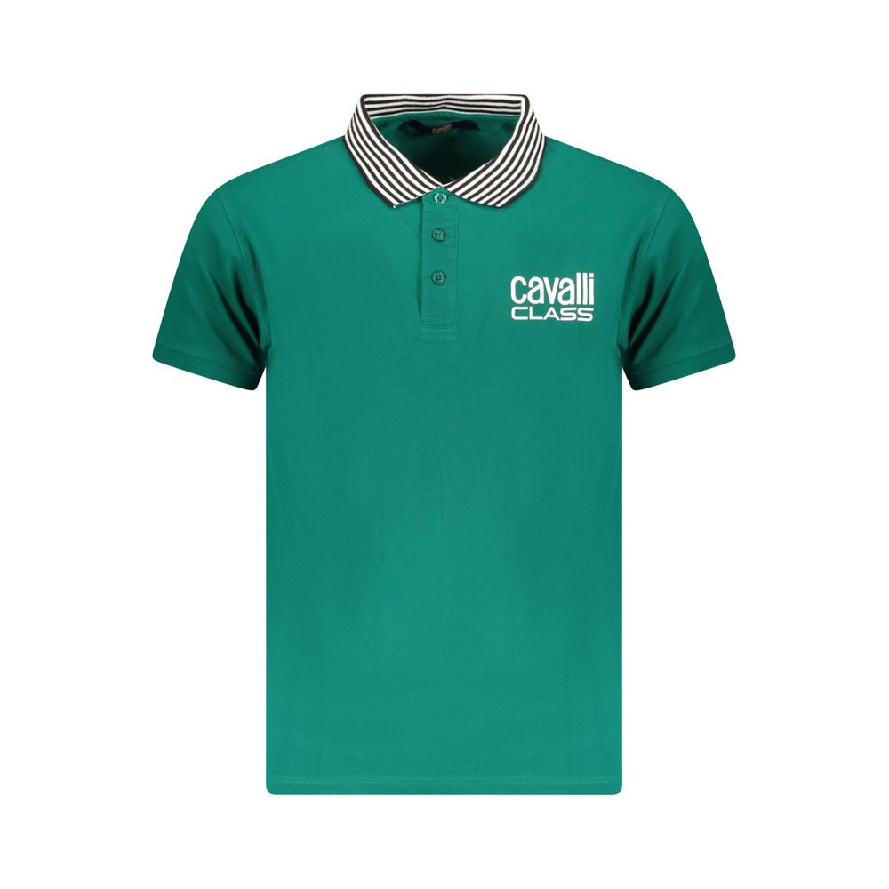 Cavalli Class Green Cotton Men Polo Shirt with logo and striped collar, sophisticated design, perfect for style and comfort.