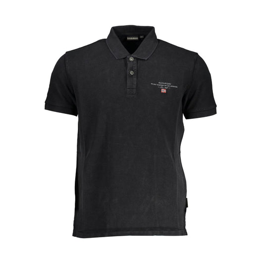 Napapijri Black Cotton Men Polo Shirt with short sleeves, featuring signature embroidery and iconic logo. Premium cotton for comfort and style.