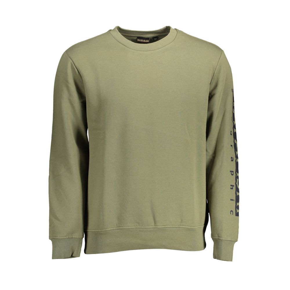 Napapijri Green Cotton Men Sweater with crew neck and logo print, showcasing casual style and comfort.