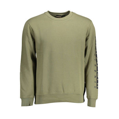 Napapijri Green Cotton Men Sweater with crew neck and logo print, showcasing casual style and comfort.