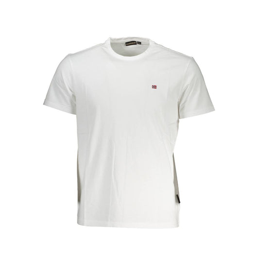 Napapijri White Cotton Men T-Shirt with short sleeves and embroidered logo on front, ideal for casual comfort and style.