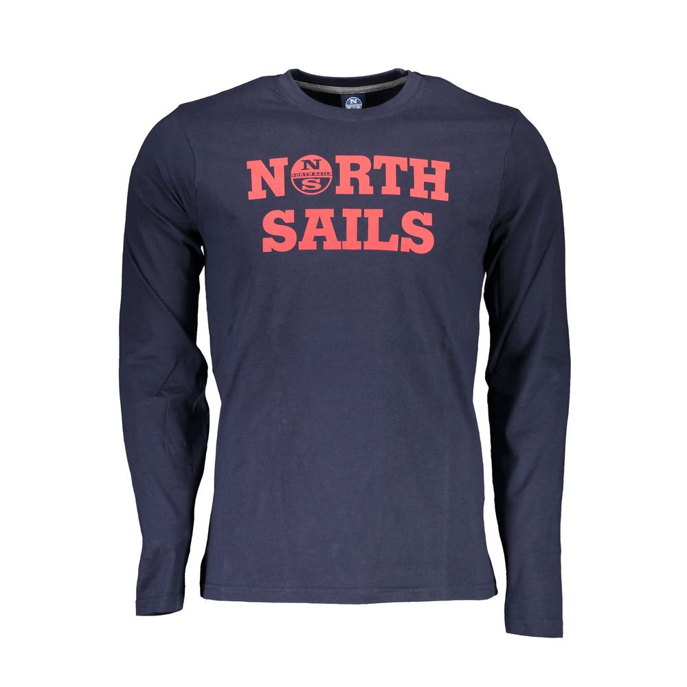North Sails Blue Cotton Men T-Shirt with logo, long sleeves, vibrant blue color, made from fine cotton, crew neck design.