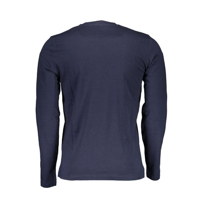 Back view of North Sails Blue Cotton Men T-Shirt, featuring long sleeves and elegant design in vibrant blue color.