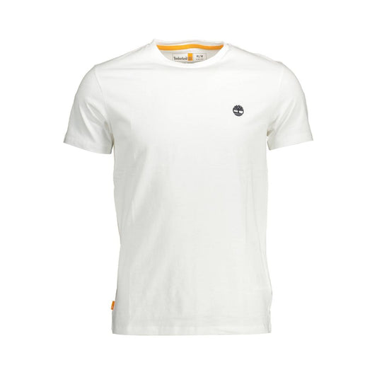 Timberland White Organic Cotton Men T-Shirt with crew neck and logo, made from 100% sustainable fabric for eco-conscious fashion lovers.