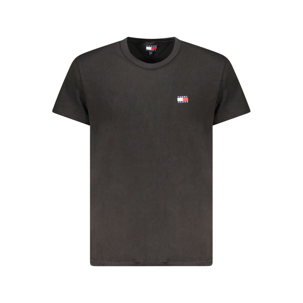 Tommy Hilfiger Black Cotton Men T-Shirt with embroidered logo, short sleeves, and crew neck on white background.