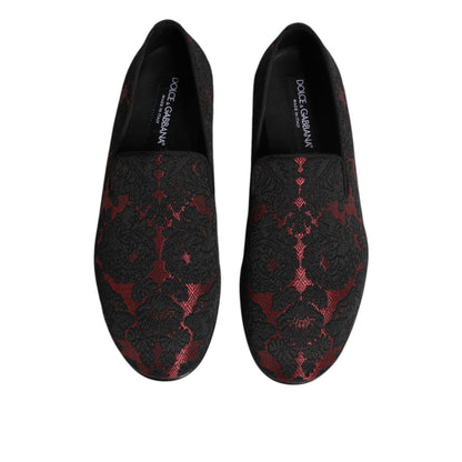 Dolce & Gabbana Red Black Jacquard Slip On Loafers Shoes