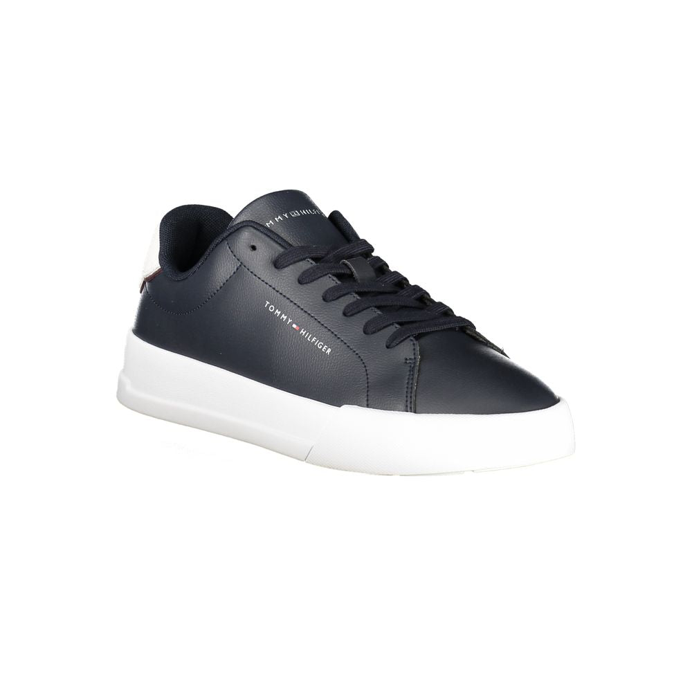 Tommy Hilfiger Blue Leather Men Sneaker with white accents and logo, showcasing sporty sophistication and customizable comfort features.