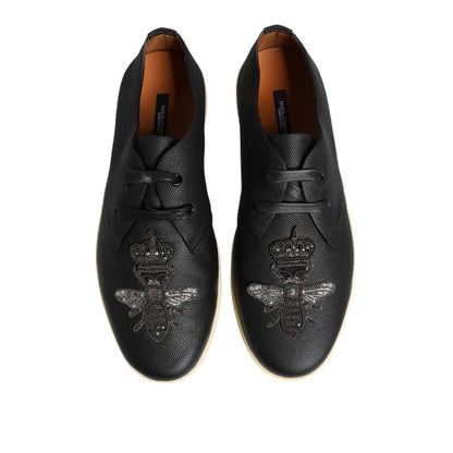 Dolce & Gabbana Black Leather Bee Crown Low Top Sneakers Shoes