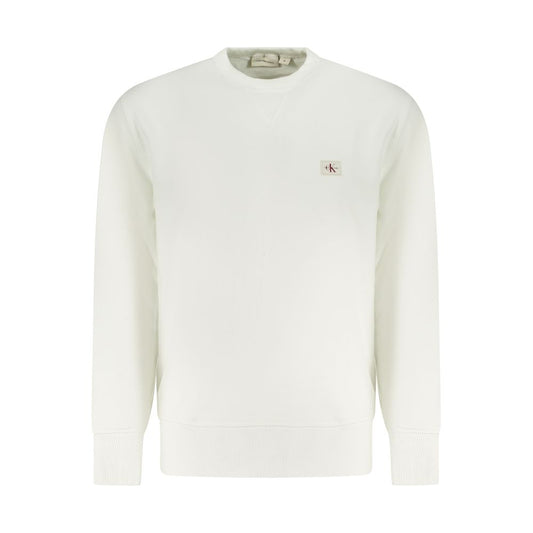 Calvin Klein White Cotton Men Sweater with iconic CK logo, eco-friendly regenerative cotton, and contrasting details for stylish comfort.