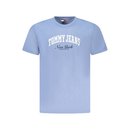 Tommy Hilfiger Blue Cotton Men T-Shirt with logo, short sleeves, crew neck, made from regenerative cotton for casual sophistication.