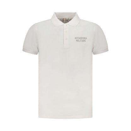Accademia Militare White Cotton Polo Shirt with 3 buttons, featuring military academy logo and print design.