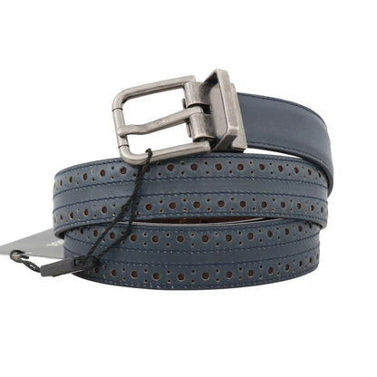 Dolce & Gabbana Blue Perforated Leather Gray Buckle Belt