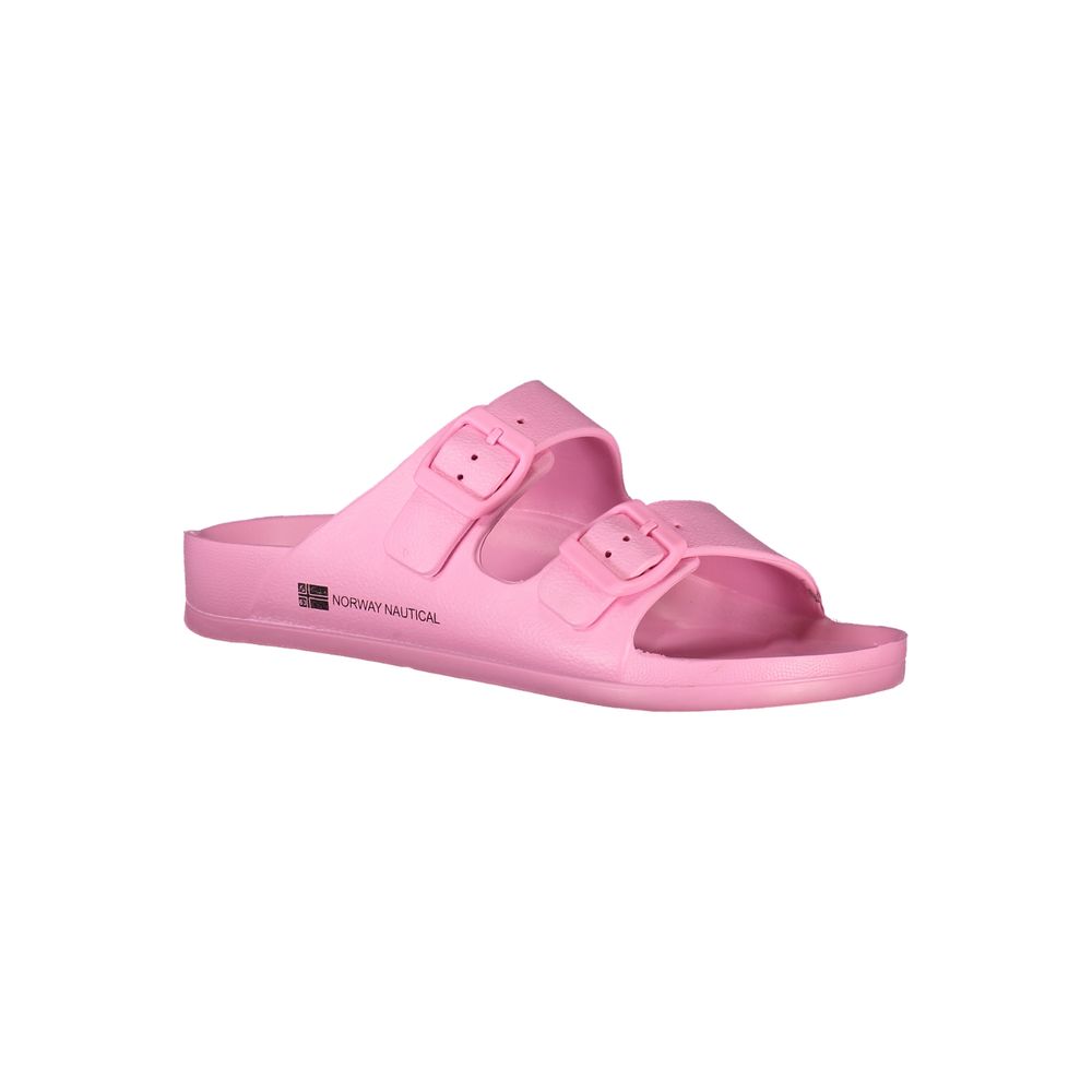 Norway 1963 Pink Plastic Women Sandal with twin buckles and iconic logo, perfect for adding color and style to any outfit.
