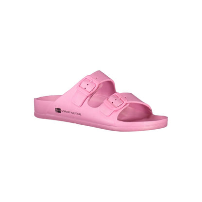 Norway 1963 Pink Plastic Women Sandal with twin buckles and iconic logo, perfect for adding color and style to any outfit.