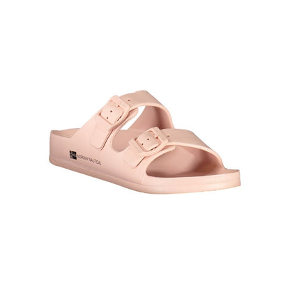 Norway 1963 Pink Plastic Women Sandal with buckles and logo print.