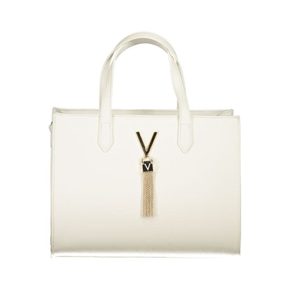 Mario Valentino White Polyethylene Handbag with logo, two handles, adjustable strap, zip closure, and internal pockets.