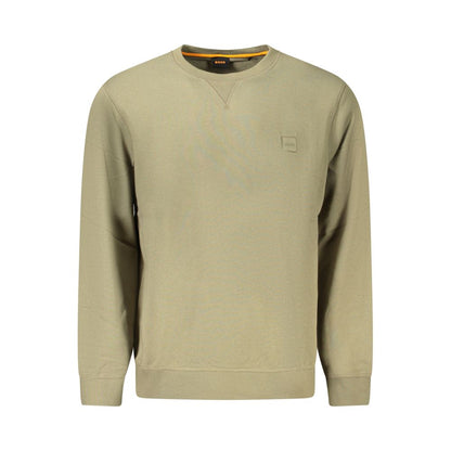 Hugo Boss Green Cotton Men Sweater with crew neck and logo embroidery, showcasing contemporary sophistication and comfort.