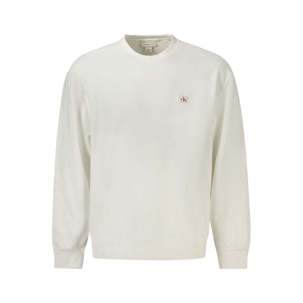 Calvin Klein White Cotton Men Sweater with crew neck and logo, sustainable fashion in urban style.
